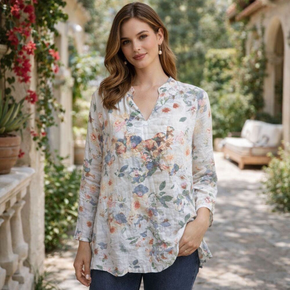 St. Tropez Linen White Floral Pullover Lightweight Packable Blouse Top Size XL